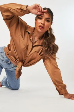 Rebellious Fashion Camel Oversized Satin Shirt - Carine