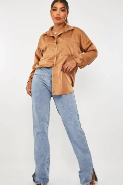 Rebellious Fashion Camel Oversized Satin Shirt - Carine