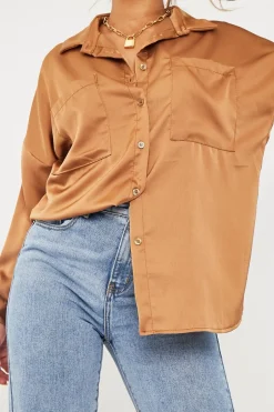 Rebellious Fashion Camel Oversized Satin Shirt - Carine