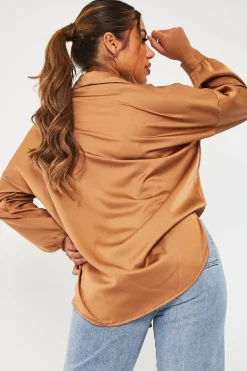 Rebellious Fashion Camel Oversized Satin Shirt - Carine