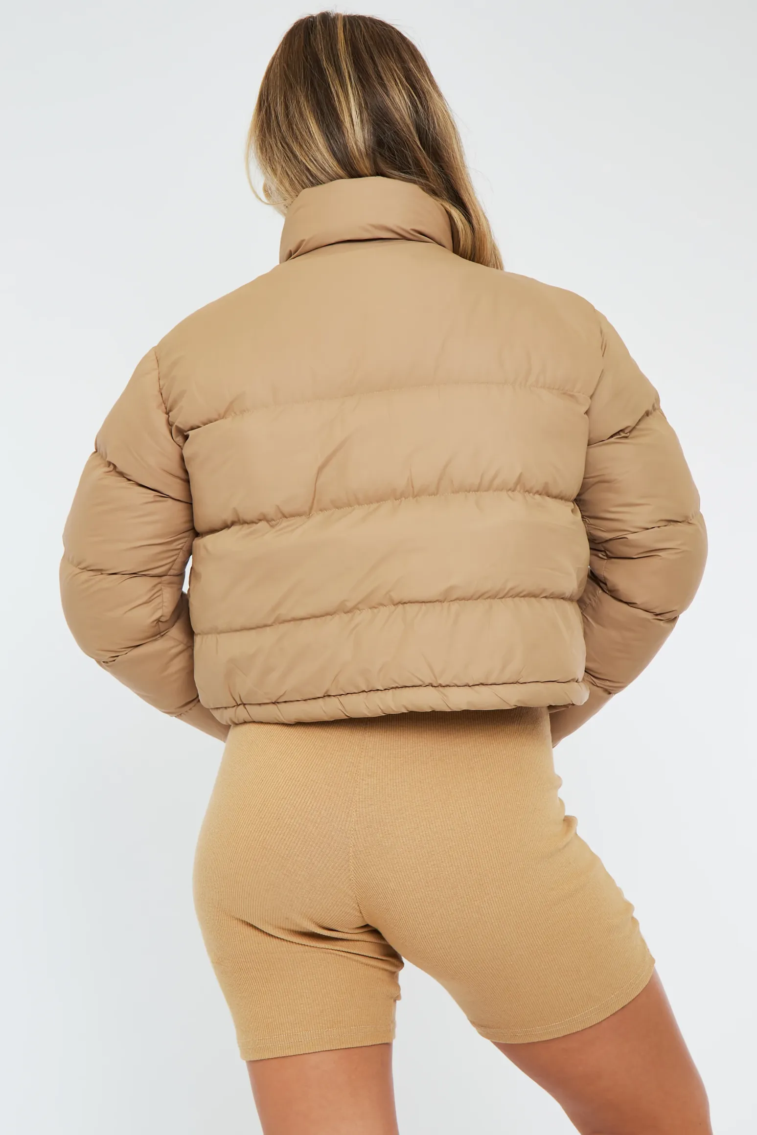 Rebellious Fashion Camel Padded Cropped Puffer Jacket - Adhara