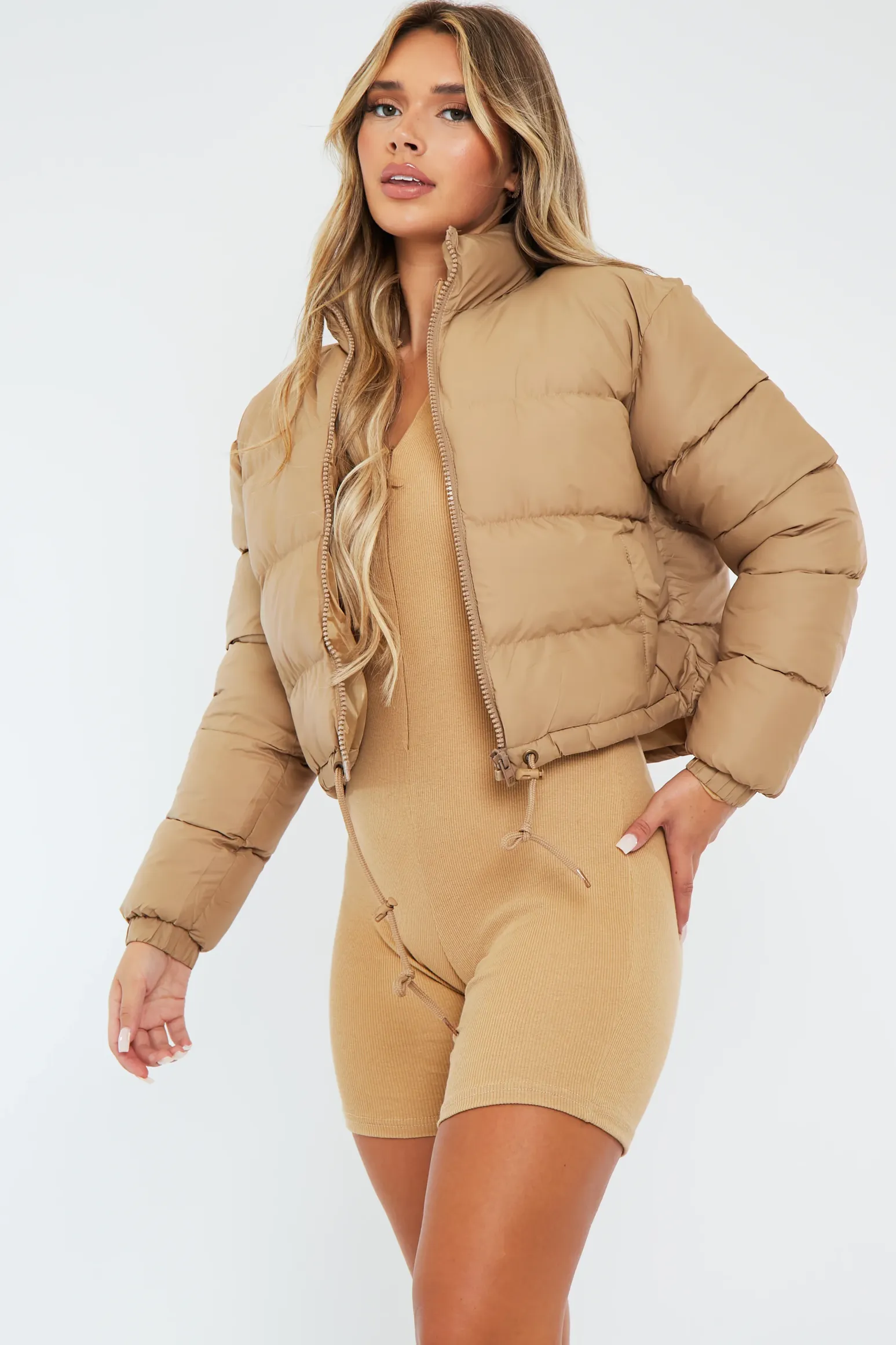 Rebellious Fashion Camel Padded Cropped Puffer Jacket - Adhara