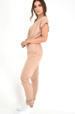 Rebellious Fashion Camel Plunge Drawstring Waist Jumpsuit - Missie