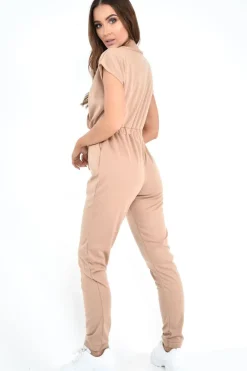 Rebellious Fashion Camel Plunge Drawstring Waist Jumpsuit - Missie