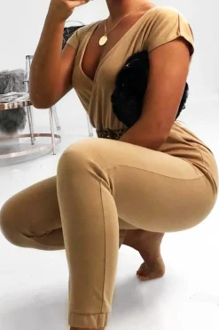 Rebellious Fashion Camel Plunge Drawstring Waist Jumpsuit - Missie