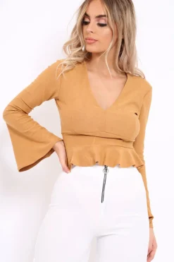 Rebellious Fashion Camel Plunge Flare Sleeve Crop Top with Frill Hem - Masie