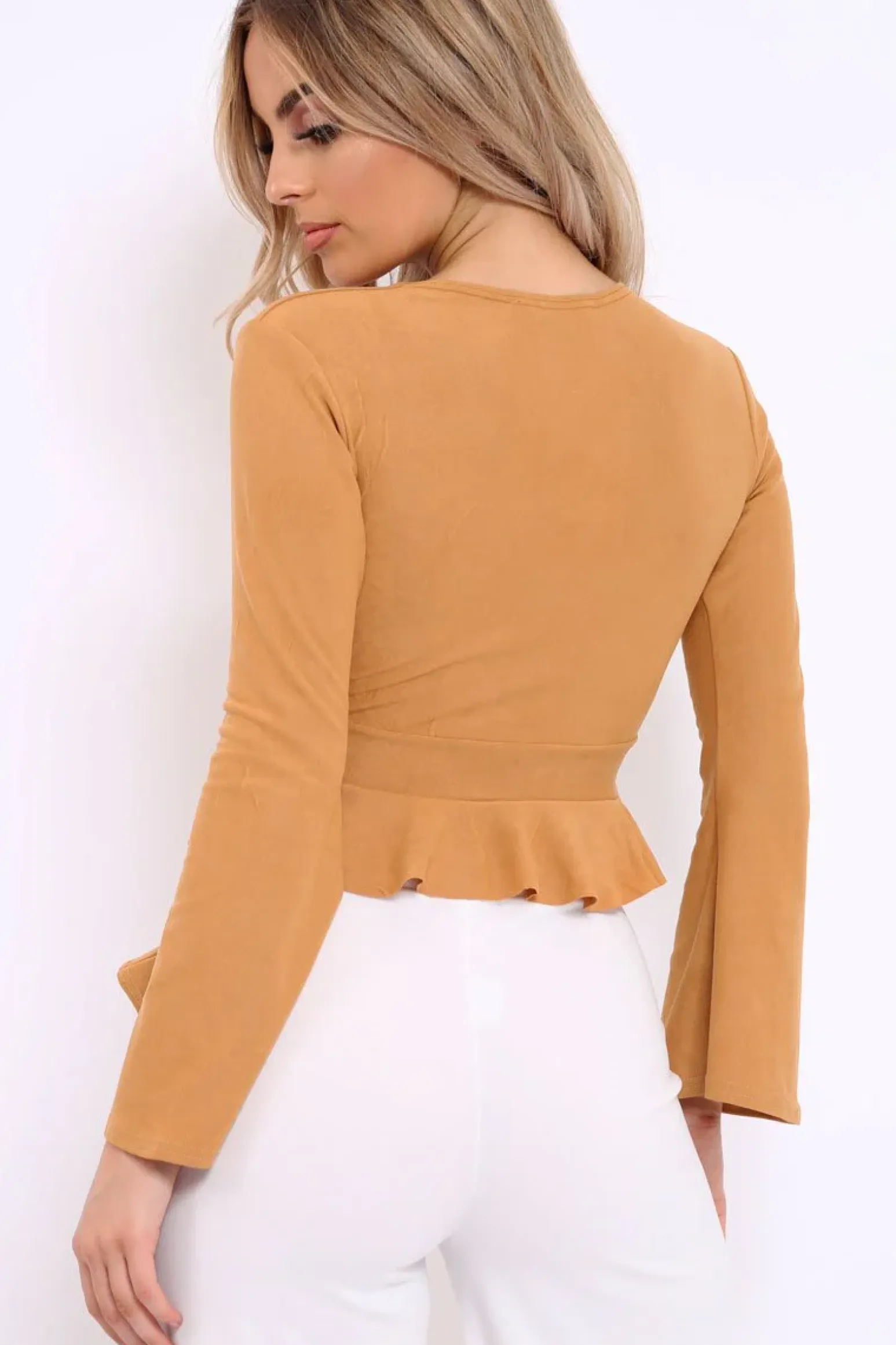 Rebellious Fashion Camel Plunge Flare Sleeve Crop Top with Frill Hem - Masie