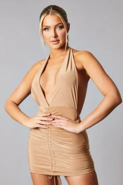 Rebellious Fashion Camel Plunge Neck Front Ruched Halter Neck Mini Dress - Jun
