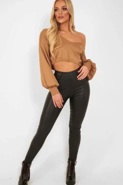Rebellious Fashion Camel Plunge Off Shoulder Cropped Sweatshirt - Zarah
