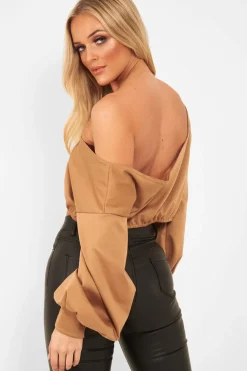 Rebellious Fashion Camel Plunge Off Shoulder Cropped Sweatshirt - Zarah