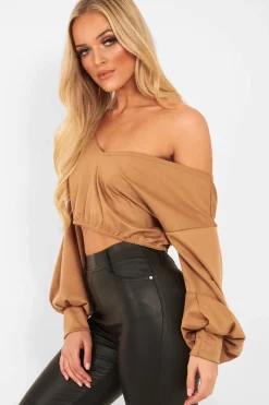 Rebellious Fashion Camel Plunge Off Shoulder Cropped Sweatshirt - Zarah