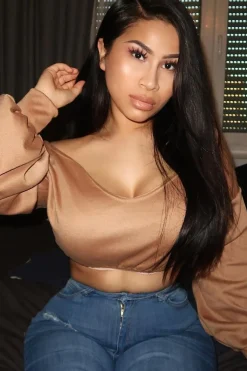 Rebellious Fashion Camel Plunge Off Shoulder Cropped Sweatshirt - Zarah
