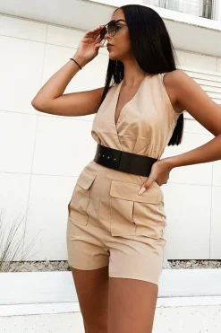 Rebellious Fashion Camel Plunge Woven Utility Pocket Playsuit - Megan