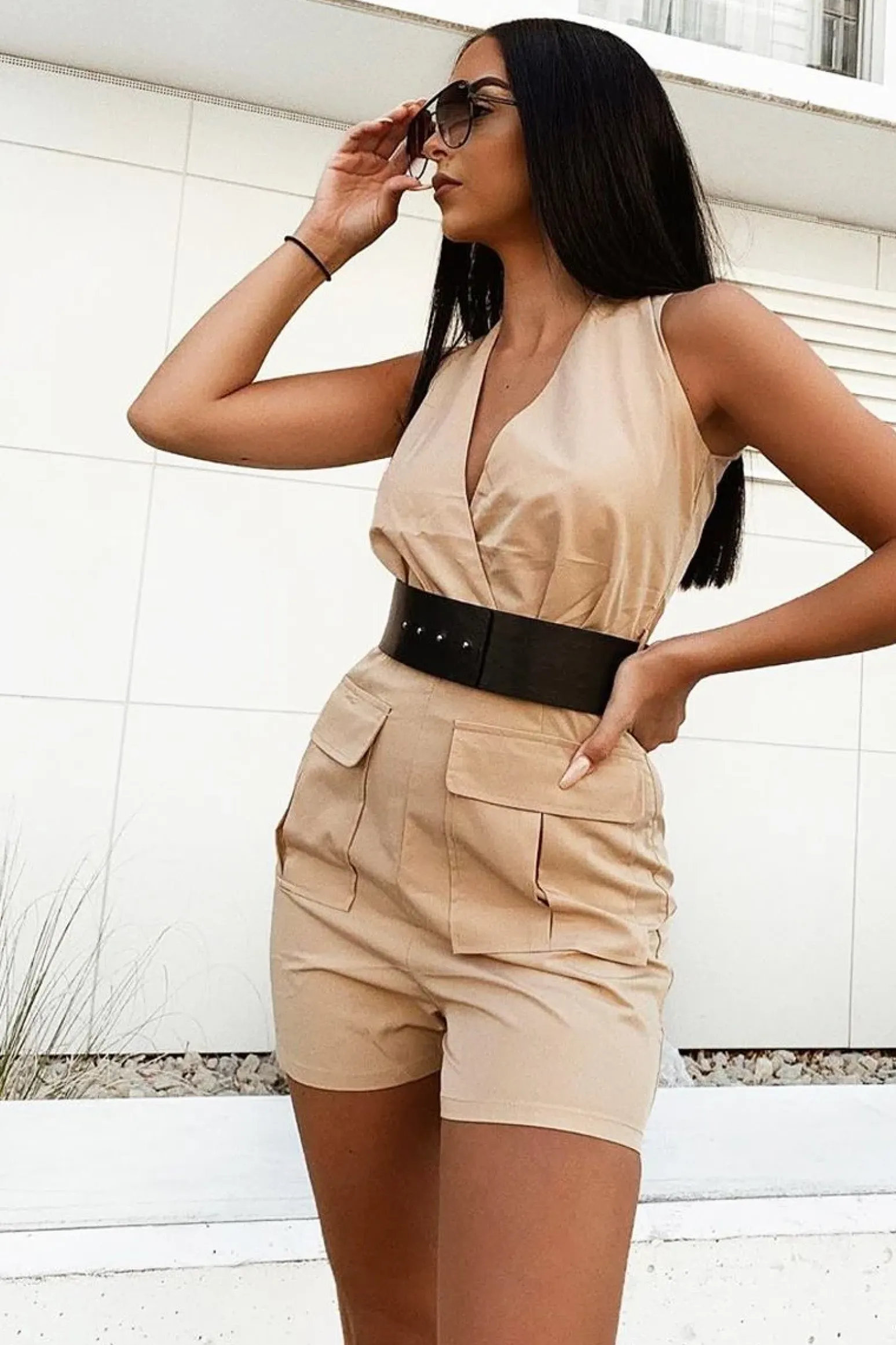 Rebellious Fashion Camel Plunge Woven Utility Pocket Playsuit - Megan