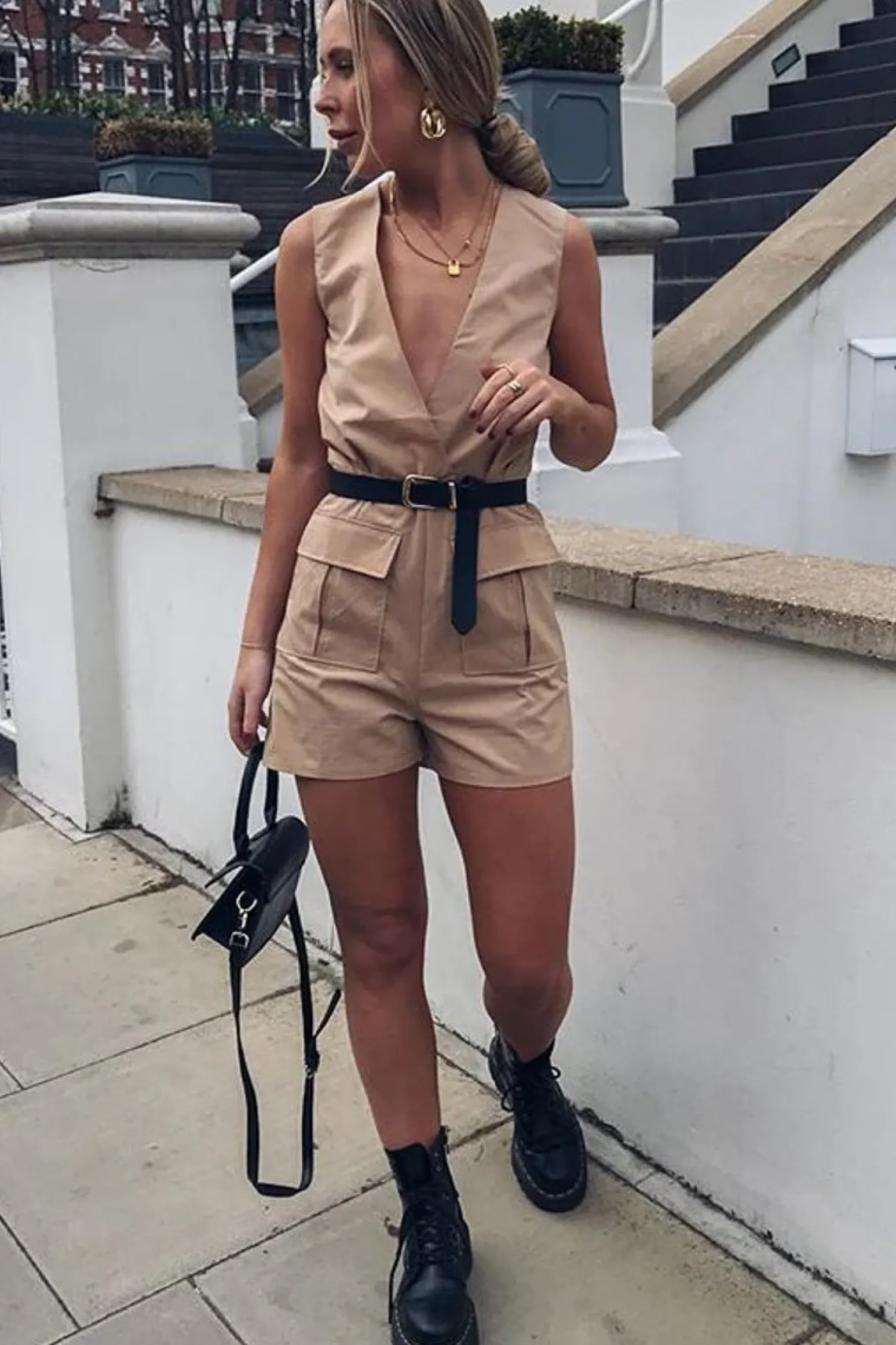 Rebellious Fashion Camel Plunge Woven Utility Pocket Playsuit - Megan