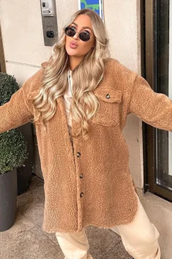 Rebellious Fashion Camel Pocket Front Teddy Shacket - Ozie