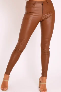 Rebellious Fashion Camel PU Coated Skinny Jeans - Rachell