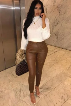 Rebellious Fashion Camel PU Coated Skinny Jeans - Rachell