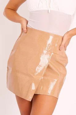 Rebellious Fashion Camel PU Faux Croc Wrap Over Skirt - Enessa