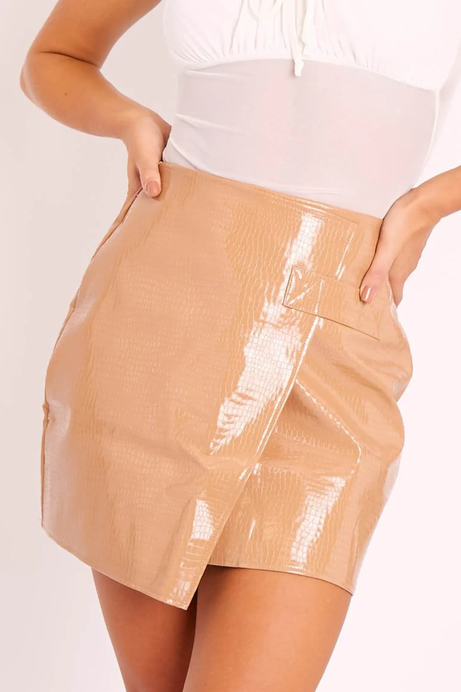 Rebellious Fashion Camel PU Faux Croc Wrap Over Skirt - Enessa