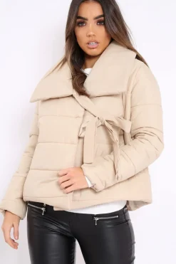 Rebellious Fashion Camel Puffer Jacket with Tie Front - Lolamae