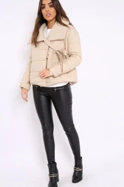 Rebellious Fashion Camel Puffer Jacket with Tie Front - Lolamae
