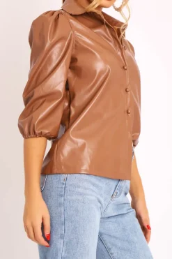 Rebellious Fashion Camel PU leather 3/4 Puff Sleeve Shirt - Pyper
