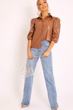 Rebellious Fashion Camel PU leather 3/4 Puff Sleeve Shirt - Pyper