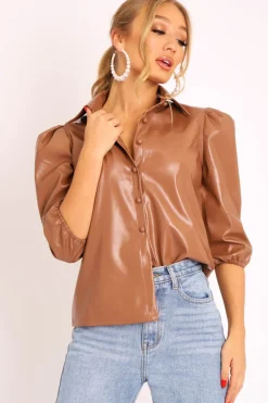 Rebellious Fashion Camel PU leather 3/4 Puff Sleeve Shirt - Pyper