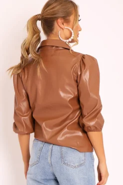 Rebellious Fashion Camel PU leather 3/4 Puff Sleeve Shirt - Pyper