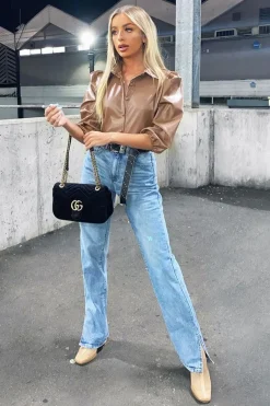 Rebellious Fashion Camel PU leather 3/4 Puff Sleeve Shirt - Pyper