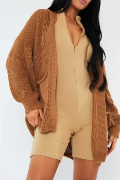 Rebellious Fashion Camel Relaxed Fit Front Pockets Cardigan - Joelle