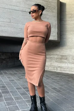 Rebellious Fashion Camel Rib Batwing Crop Top Skirt Co-ord - Eyla