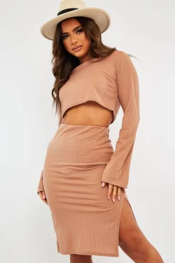Rebellious Fashion Camel Rib Batwing Crop Top Skirt Co-ord - Eyla