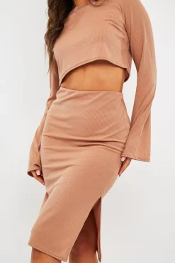 Rebellious Fashion Camel Rib Batwing Crop Top Skirt Co-ord - Eyla