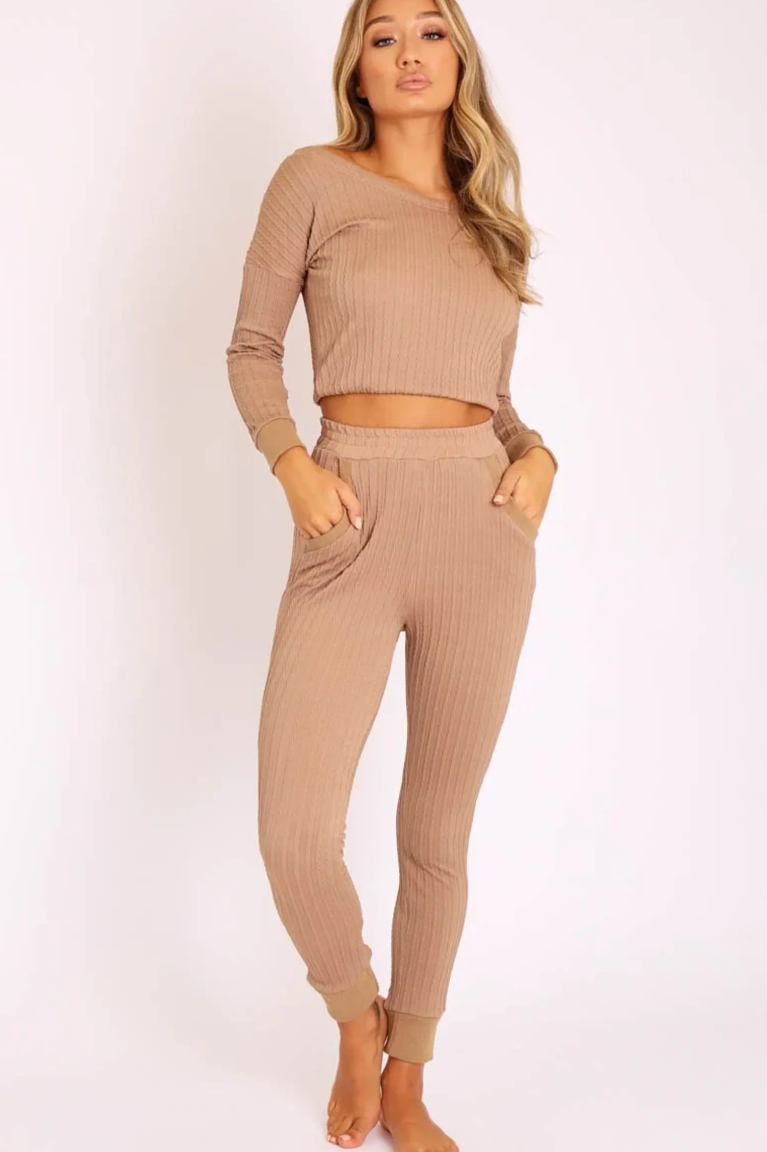 Rebellious Fashion Camel Ribbed Bardot Top and Pocket Detail Trousers Co-ord - Skarlet