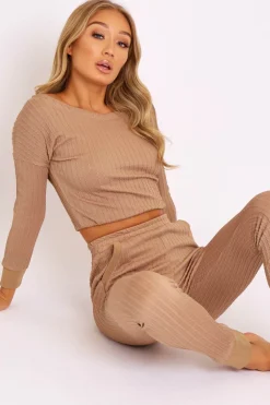 Rebellious Fashion Camel Ribbed Bardot Top and Pocket Detail Trousers Co-ord - Skarlet