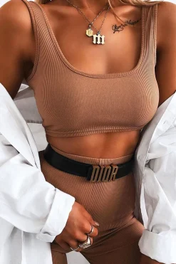 Rebellious Fashion Camel Ribbed Crop Top and Cycling Shorts Co-ord - Renny