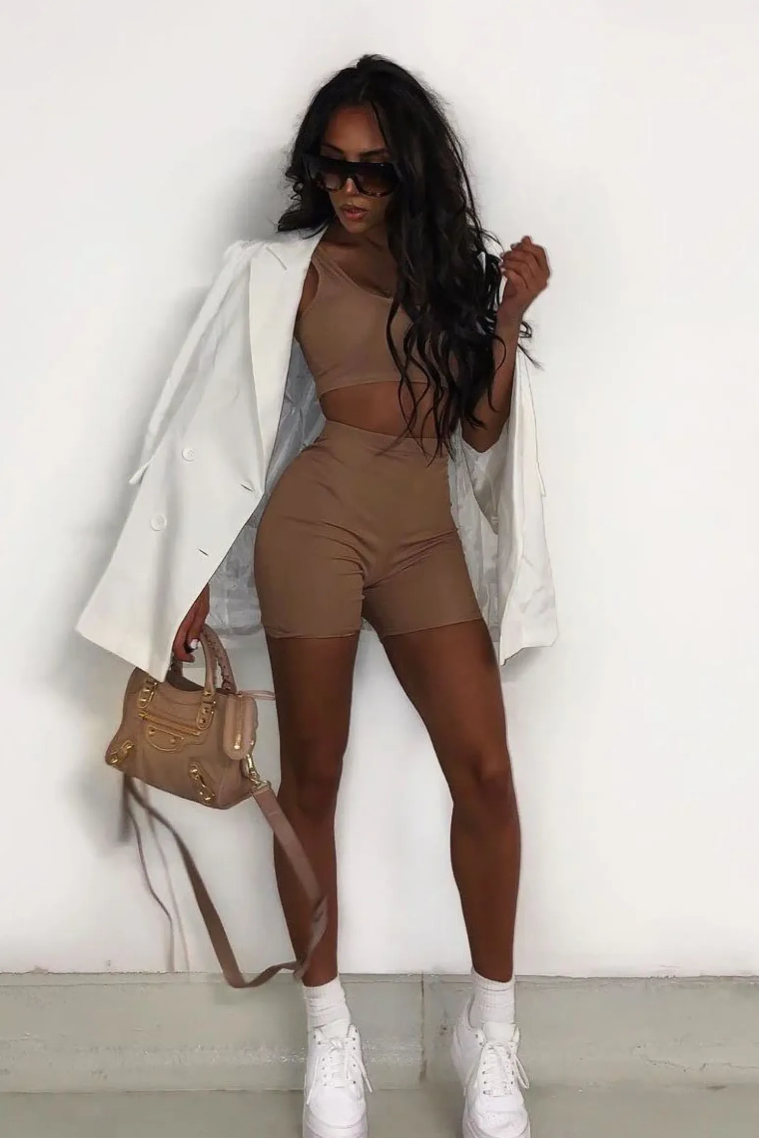 Rebellious Fashion Camel Ribbed Crop Top and Cycling Shorts Co-ord - Renny