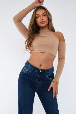 Rebellious Fashion Camel Ribbed Cut Out Shoulders Crop Top - Tyra