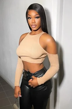 Rebellious Fashion Camel Ribbed Cut Out Shoulders Crop Top - Tyra