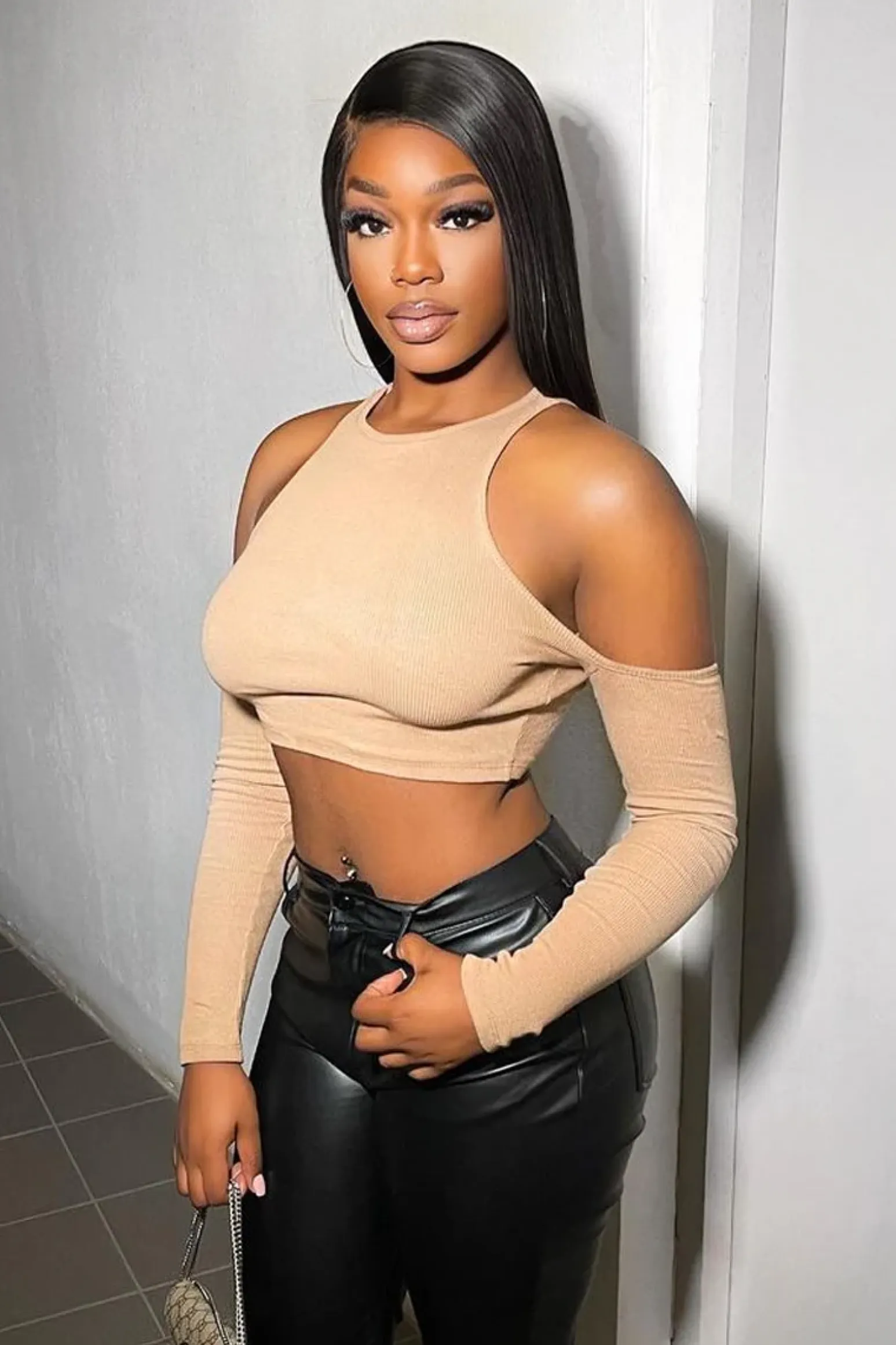Rebellious Fashion Camel Ribbed Cut Out Shoulders Crop Top - Tyra