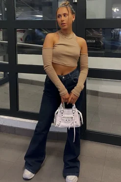 Rebellious Fashion Camel Ribbed Cut Out Shoulders Crop Top - Tyra
