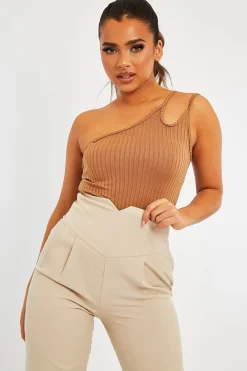 Rebellious Fashion Camel Ribbed Double Strap One Shoulder Bodysuit - Lavia