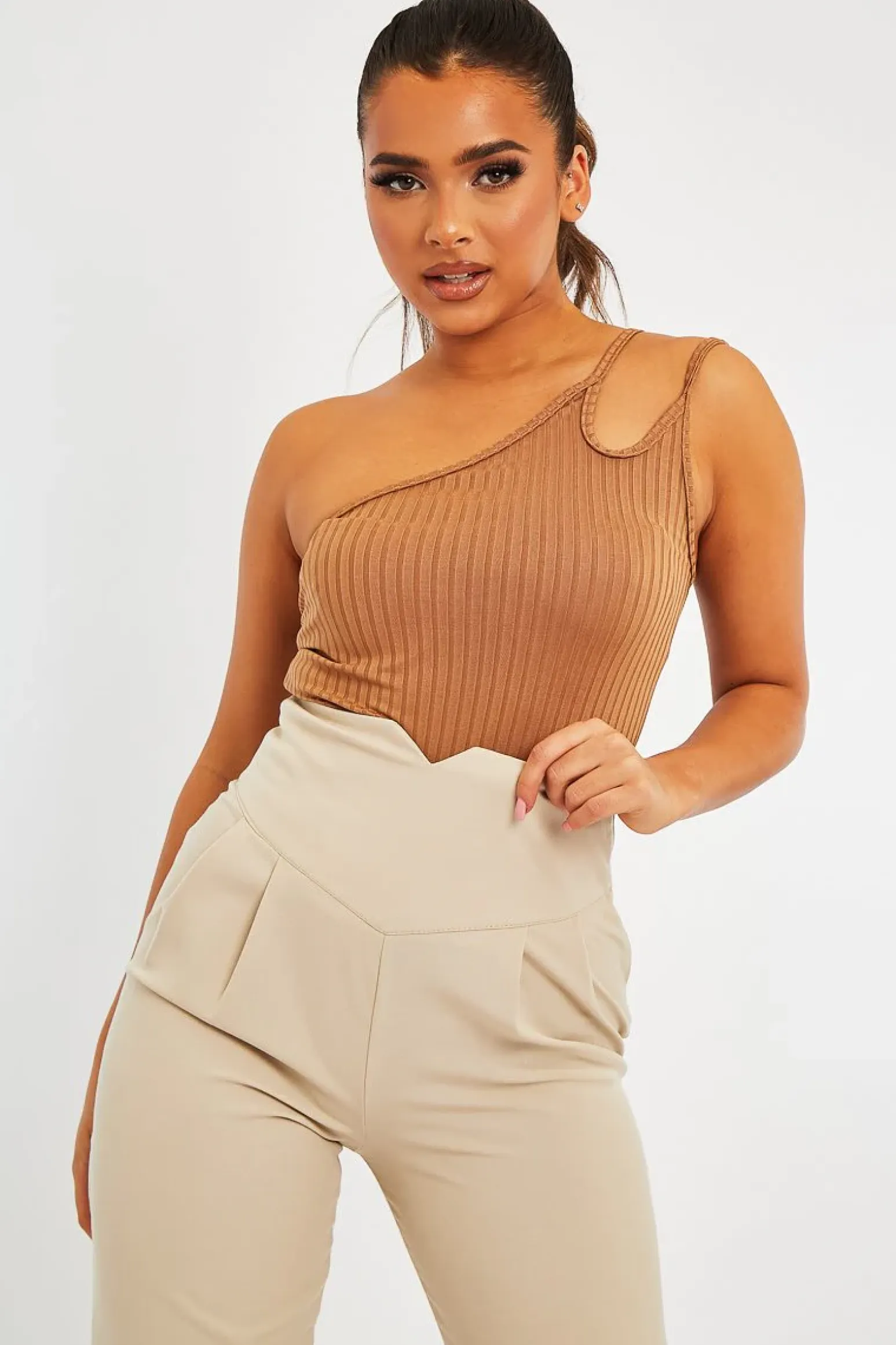 Rebellious Fashion Camel Ribbed Double Strap One Shoulder Bodysuit - Lavia