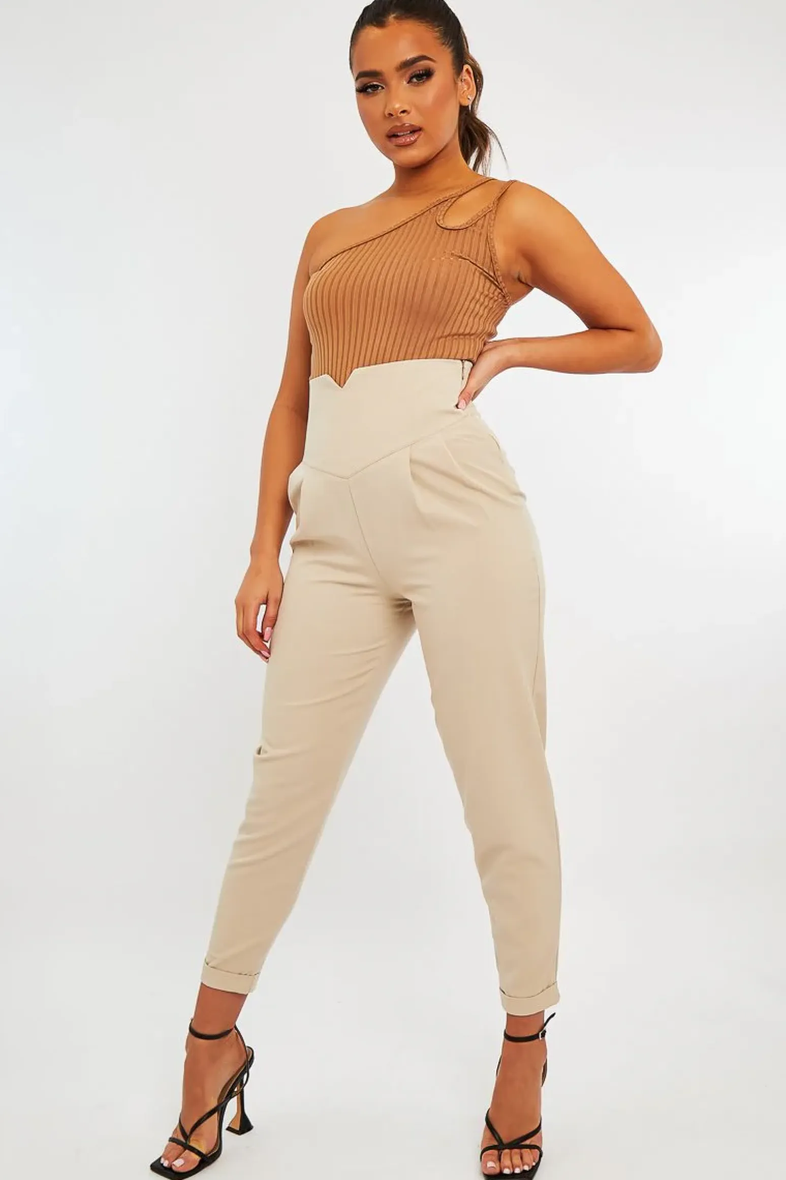 Rebellious Fashion Camel Ribbed Double Strap One Shoulder Bodysuit - Lavia
