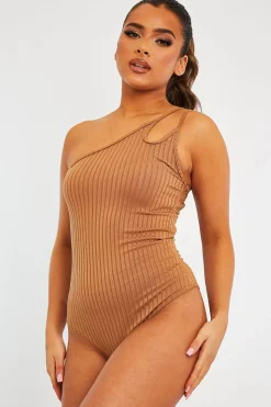 Rebellious Fashion Camel Ribbed Double Strap One Shoulder Bodysuit - Lavia