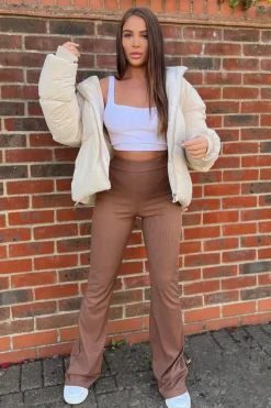 Rebellious Fashion Camel Ribbed Flare Trousers - Jori