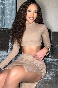Rebellious Fashion Camel Ribbed High Neck Top Skirt Co-ord - Kaili