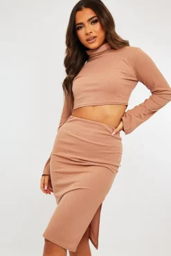 Rebellious Fashion Camel Ribbed High Neck Top Skirt Co-ord - Kaili